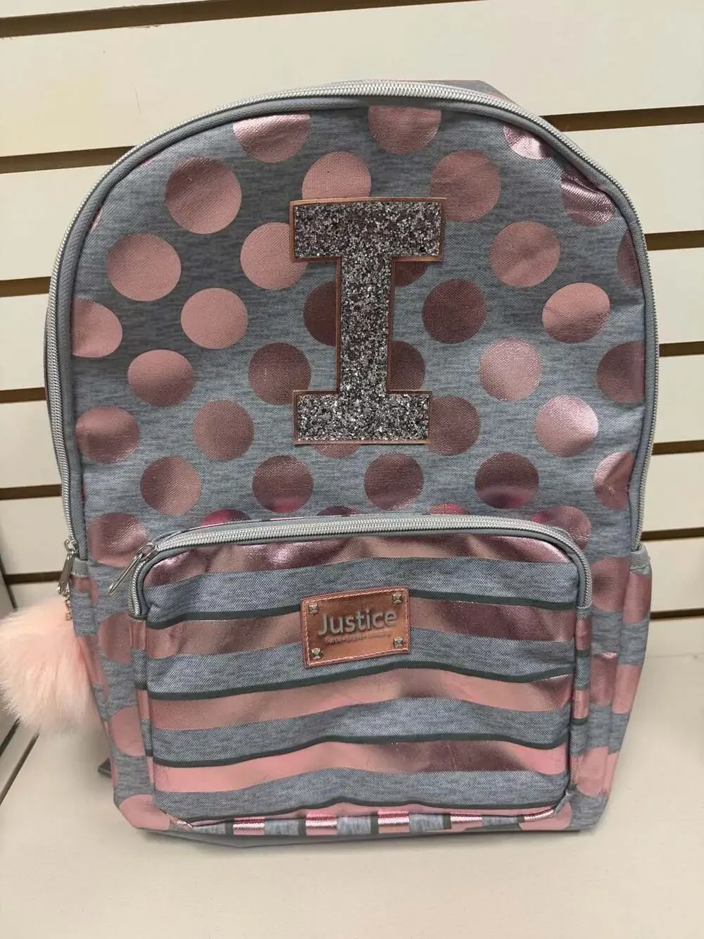 Justice  Rose Gold Foil Polka Dot Initial I Backpack  & Lunch Tote NEW